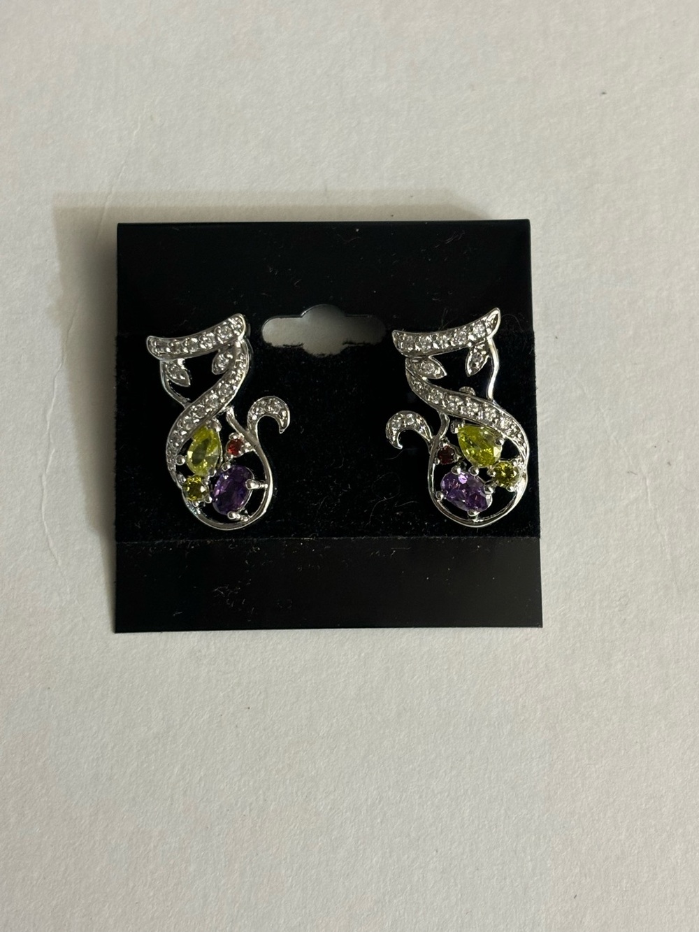 Sterling Silver Pierced Cat Earrings with Crystals, Purple and Green Stones NWOT